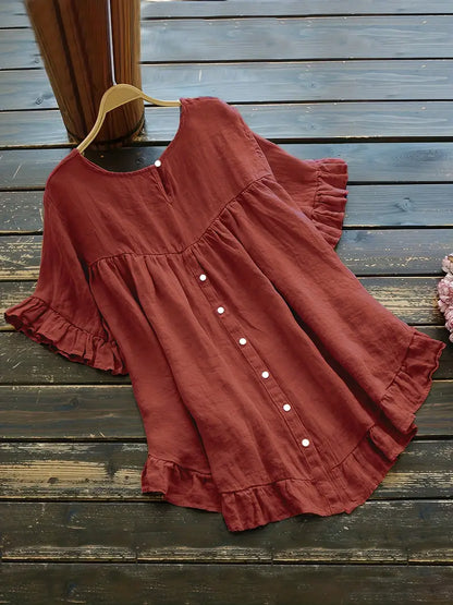 Solid Button Back Ruffled Trim Blouse